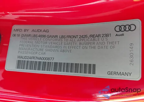 2017 Audi A5 2.0T Sport z USA, uszkodzony, nr VIN WAUD2AFR7HA000877